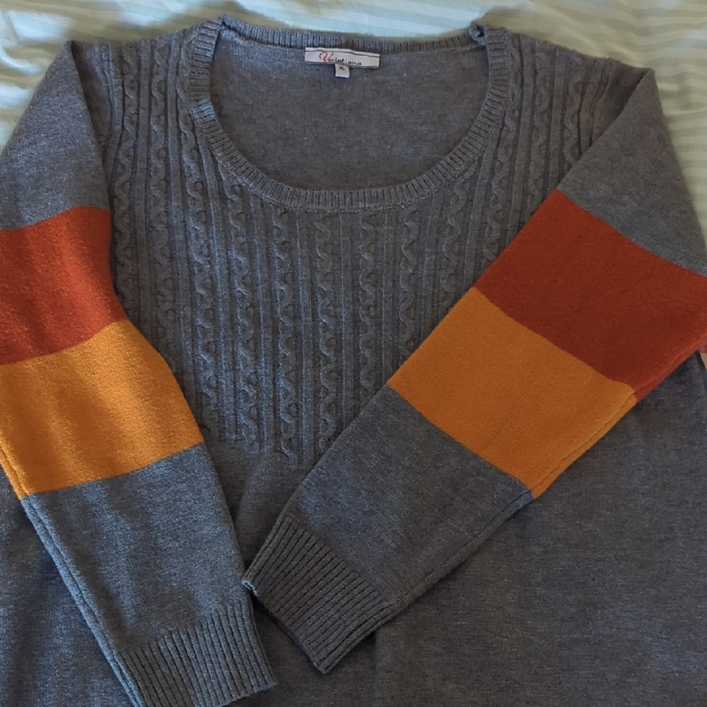 Gray Sweater with Orange and Yellow Stripes